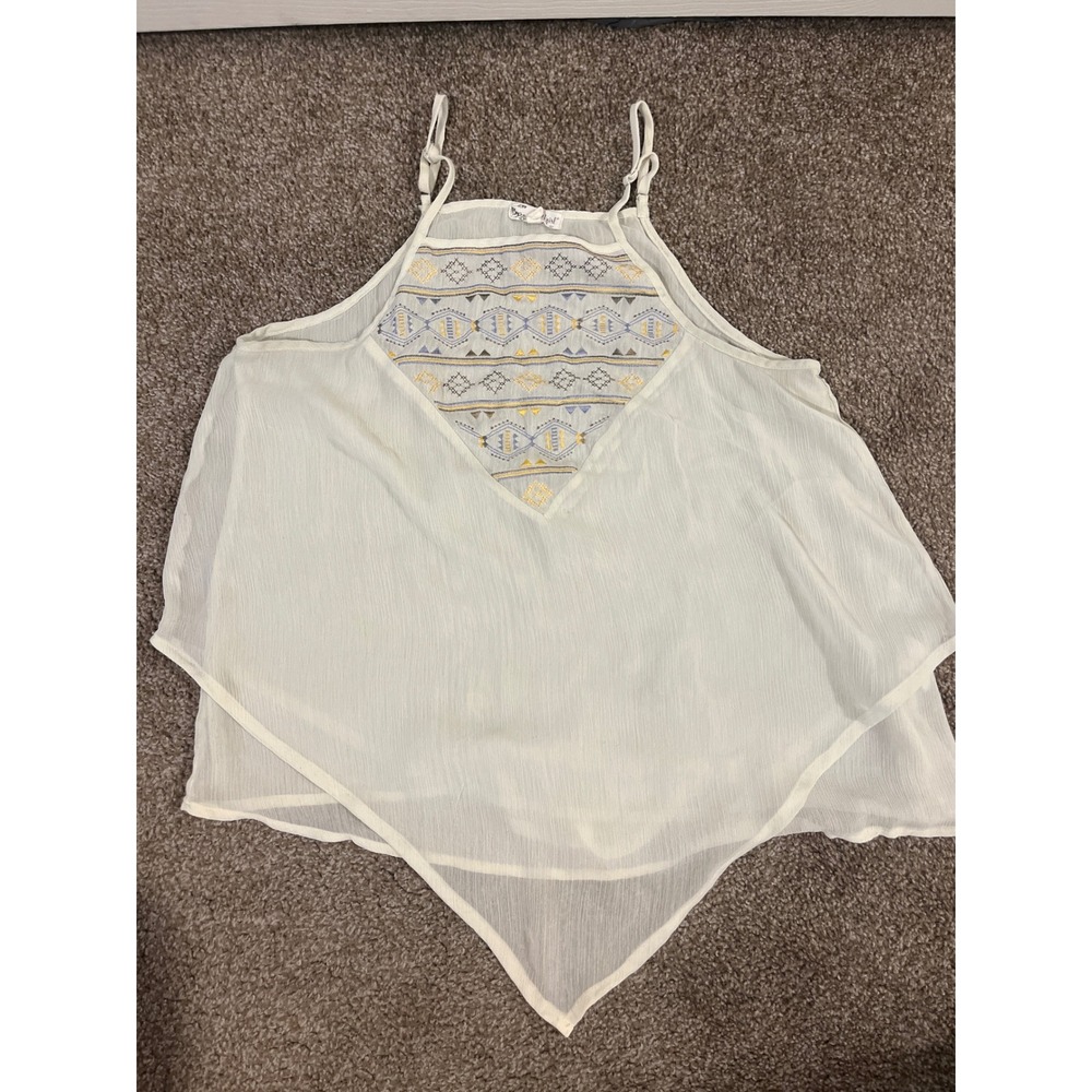 About A Girl Womens Tank Top L Boho Tribal Print Asymmetrical Hem White